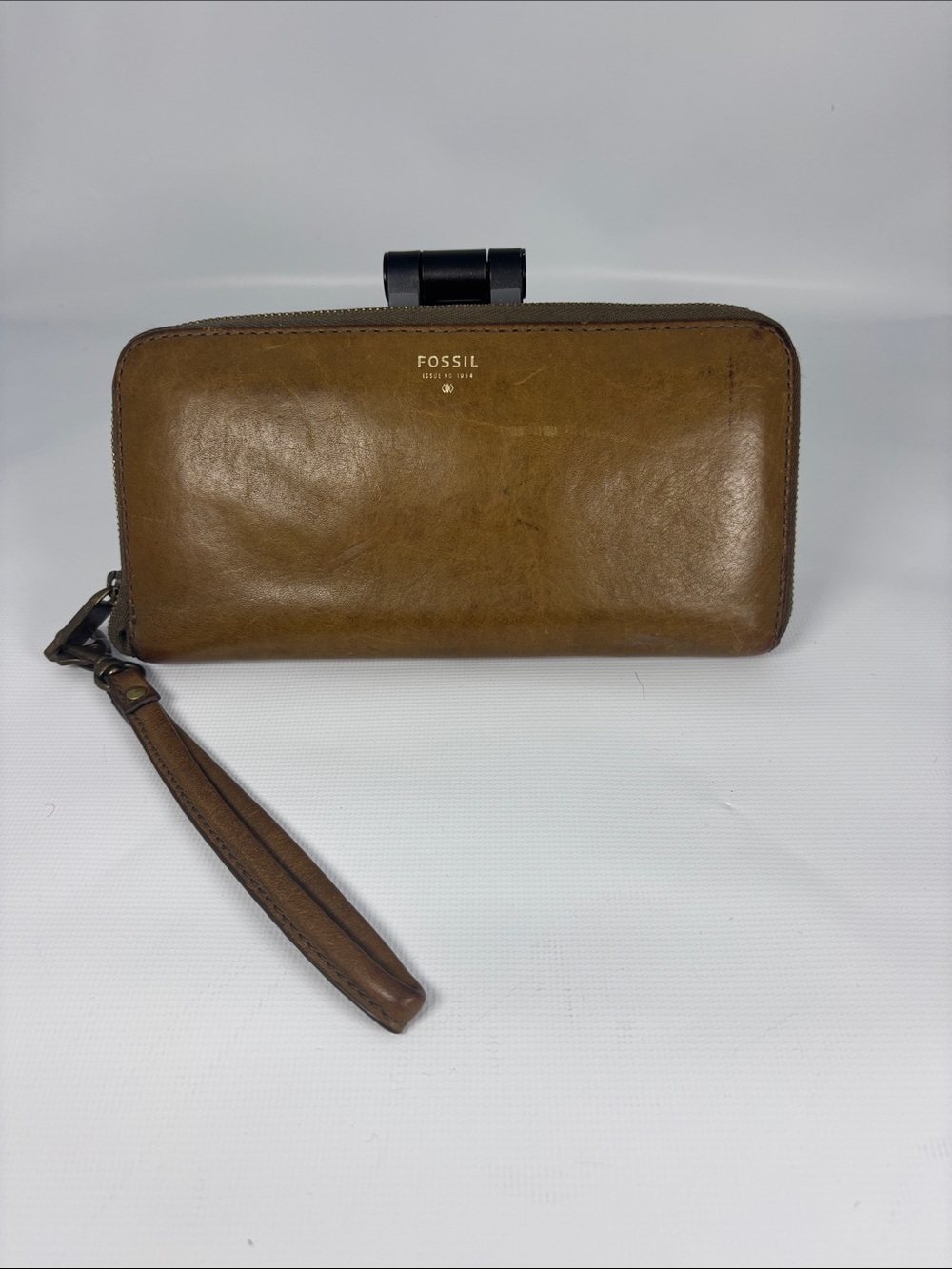 Fossil Tan Brown Leather Wristlet with Gold Logo